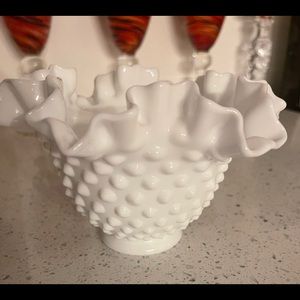 Fenton White Hobnail Milk Glass Ruffle Crimped Edge Bowl